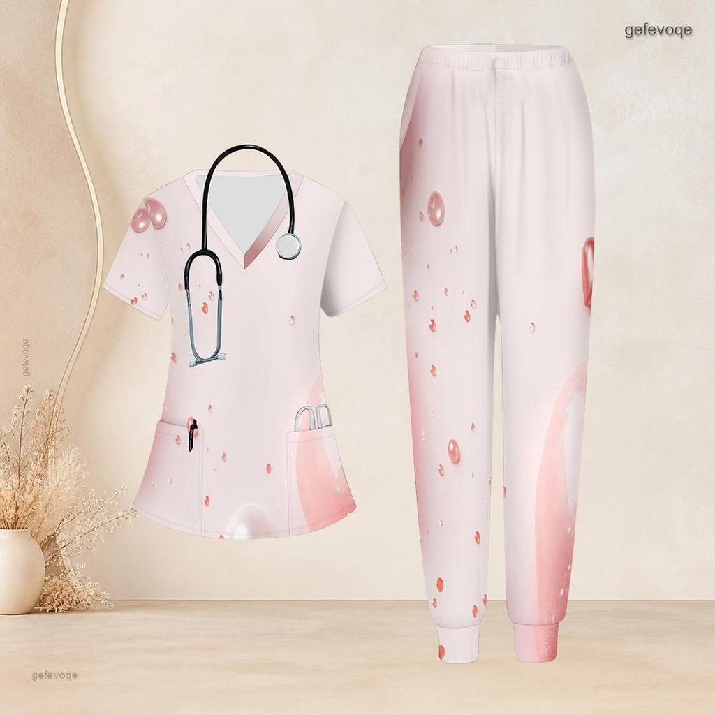 Women Plus Size Heart Balloon Print Scrub Set Short Sleeve V Neck Top And Wide Long Pants Medical Work Suit