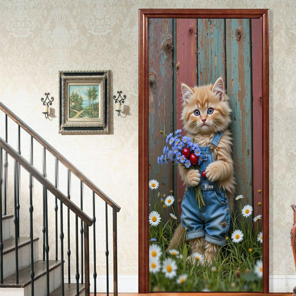 

1 шт. Милый кот Виниловая наклейка на дверь для прихожей Для декора спальни Самоклеящаяся Съемная Наклейка на стену Ремонт двери Водонепроницаемый Постер 40x120cm