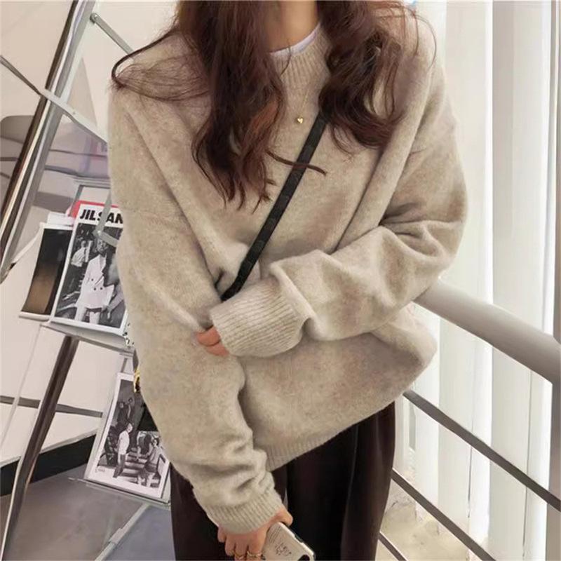 Retro loose pullover sweater women's lazy style casual versatile autumn women's solid color crew neck sweater