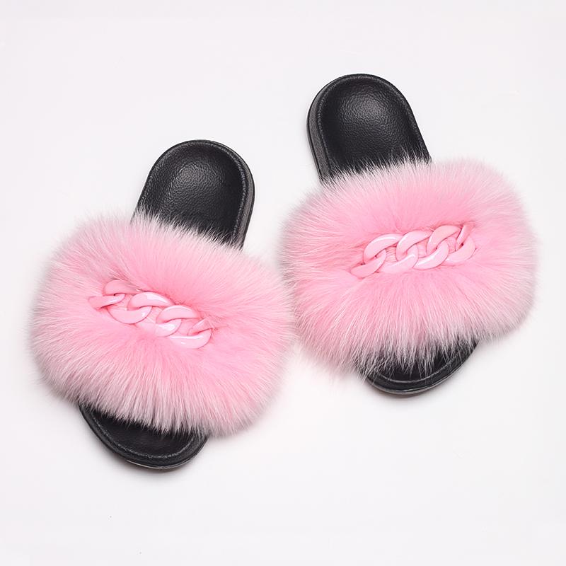 Flip Flops Fluffy Fox Fur Slides Real Fur Slippers Pompom Fur