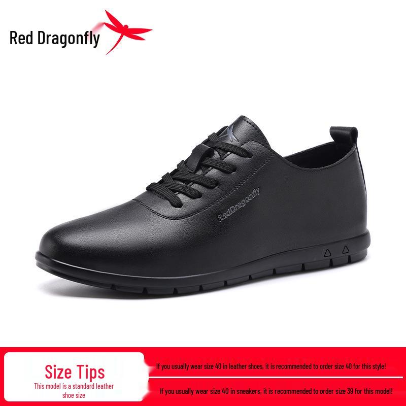 Red Dragonfly Men's Waterproof Leather Casual Shoes - Winter Soft Sole, Flat Bottom, Black
