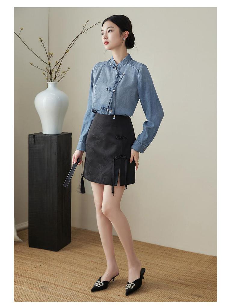 Spring/Summer Elegant Chinese Tencel Denim Shirt for Women