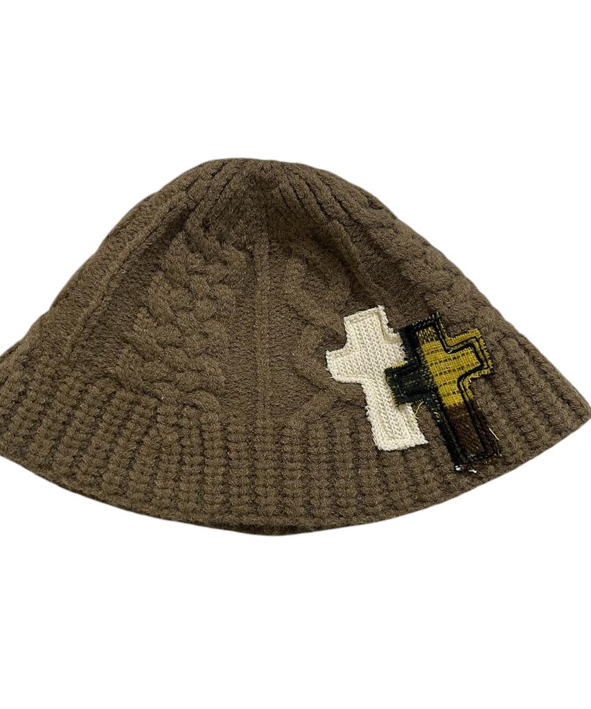 SK8ER ROCK Cable Knit Cross Bucket Hat ((Dark Beige))