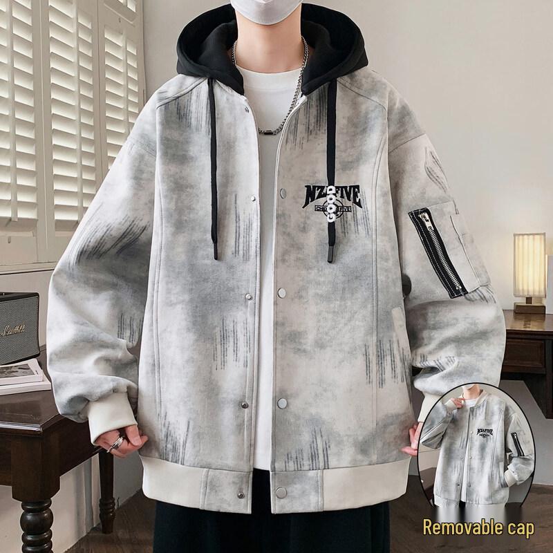 Zuofeili Men's Tie-Dye Detachable Hooded Baseball Jacket