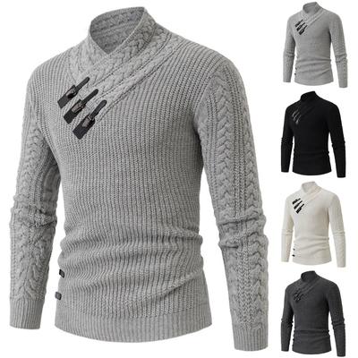 Pánský ležérní a trendy teplý jednobarevný svetr, Módní pulovr, Pánský svetr s dlouhým rukávem s vnitřním pleteným svetrem s polorozparkem