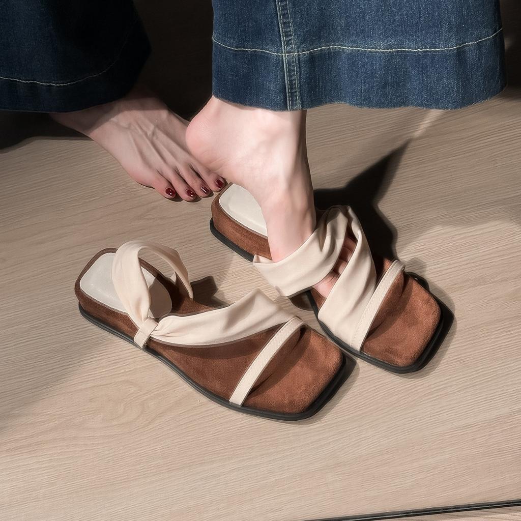 Sheepskin Version! Thick-soled Square Head with Cool Slippers for Women To Wear Outside Summer 2025 New Retro Temperament Two Sandals