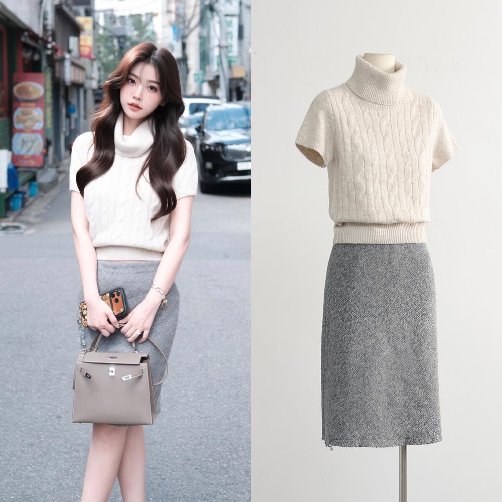 Women's Versatile Liu Liu Style High Neck Short Sleeve Knit Wool Sweater