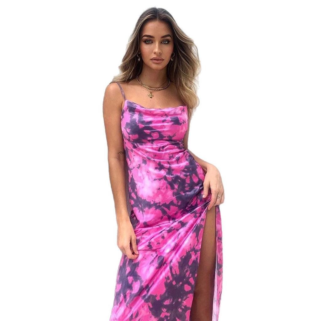 2025 Spring Summer Women's Split Dress Y2k Fashion Floral Print Bohemia Bodycon Dress Sleeveless Sweet A-line Sexy Backless Blue Party Sling Dresses