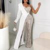 2 New E-commerce Women's Clothing Silver Splicing Sequined Shoulder Fashion Sequined Jumpsuit