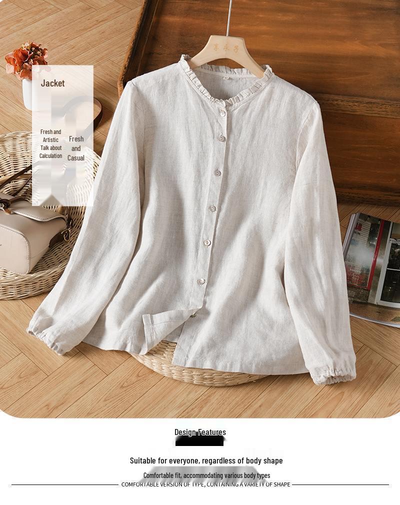 Women's Cotton Linen Ruffled Stand Collar Long Sleeve Retro Cardigan Shirt - Simple, Artistic Style