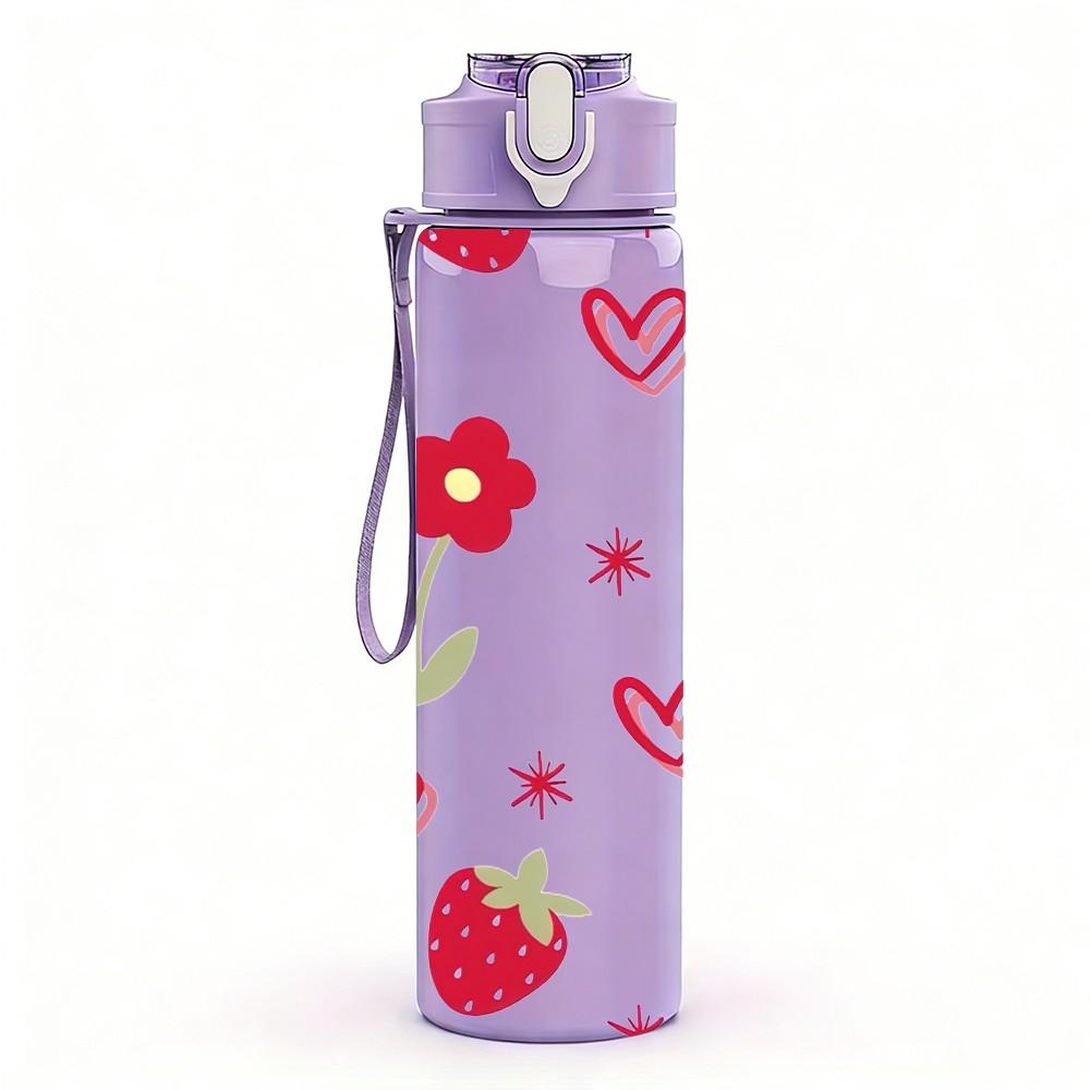 1PC Strawberry And Heart Cute Sweet Pattern 750ml Color Plastic Sports Water Bottle Leakproof Flip Straw Lid Suitable for Sports Office Home Use