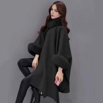 Lady Winter Cape Coat Dolman Sleeves Thick Shawl Loose Stand Collar Solid Color Faux Fur Decor Warm Daily Wear Work Outdoor Poncho
