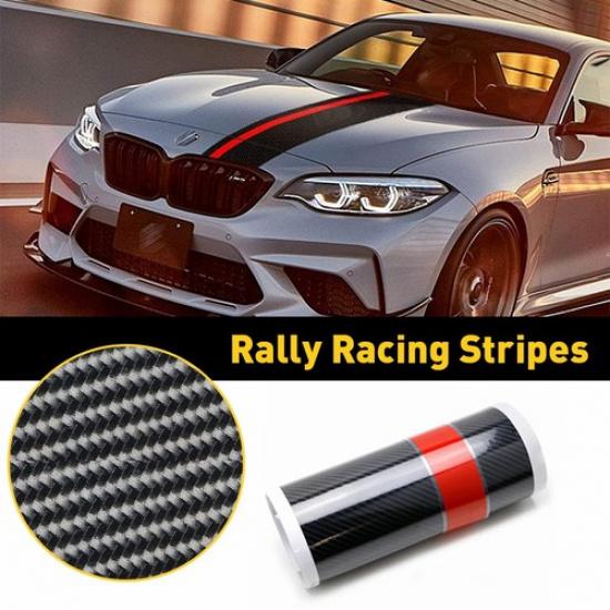 5D Carbon Fiber With Red Rally Racing Stripe Front Hood Decal Vinyl Sticker Wrap