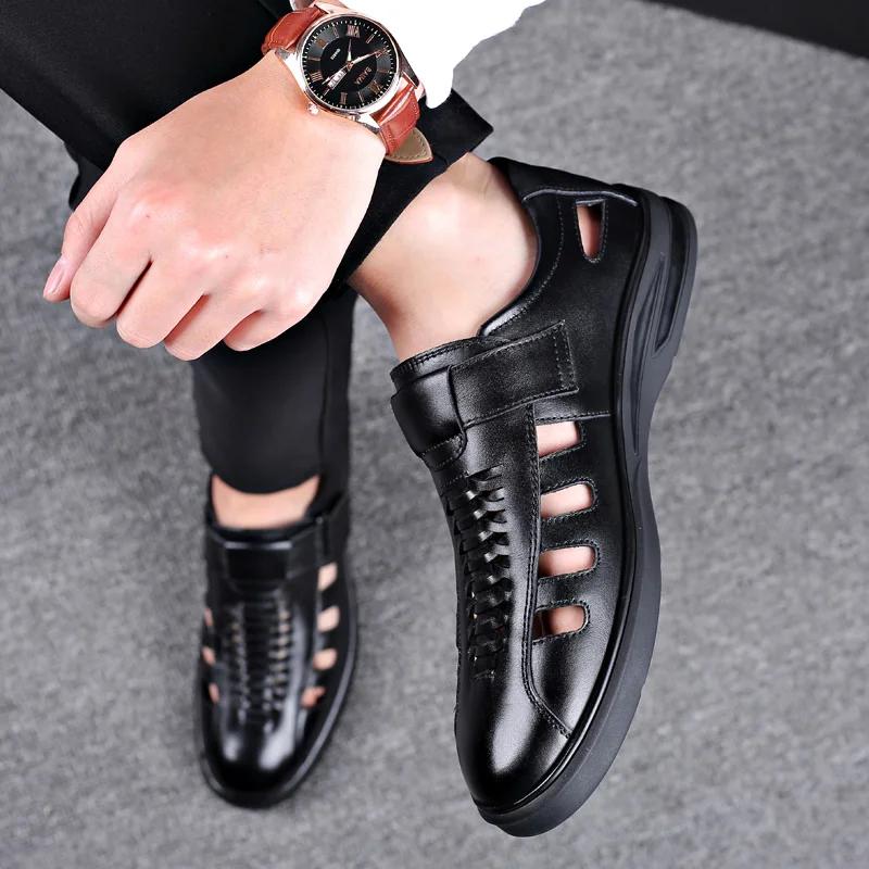 Fashion Summer Breathable Men Slip on Hollow Out Loafers Shoes Man Casual Leather Sandals Hot Sale Leisure Walk Hiking Sandals  Footwear