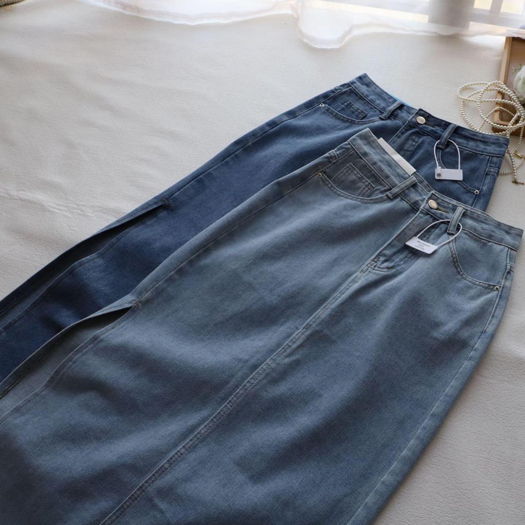 Denim Pencil Maxi Skirt with Side Slit - 2025 Spring/Summer Korean Style