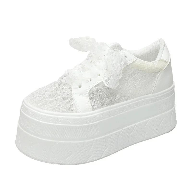 Fashion New 7.5CM Thick Soled Air Mesh Genuine Leather Mesh Breathable Hollow Casual Sneaker Platform Flats White Shoes for Women Summer
