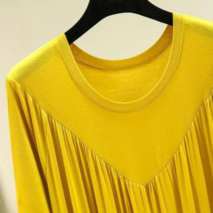 Summer Casual Dress Women Loose Knee Length Pullover Thin Midi Dress Short Sleeves Solid Color Pleated O Neck Daily Wear