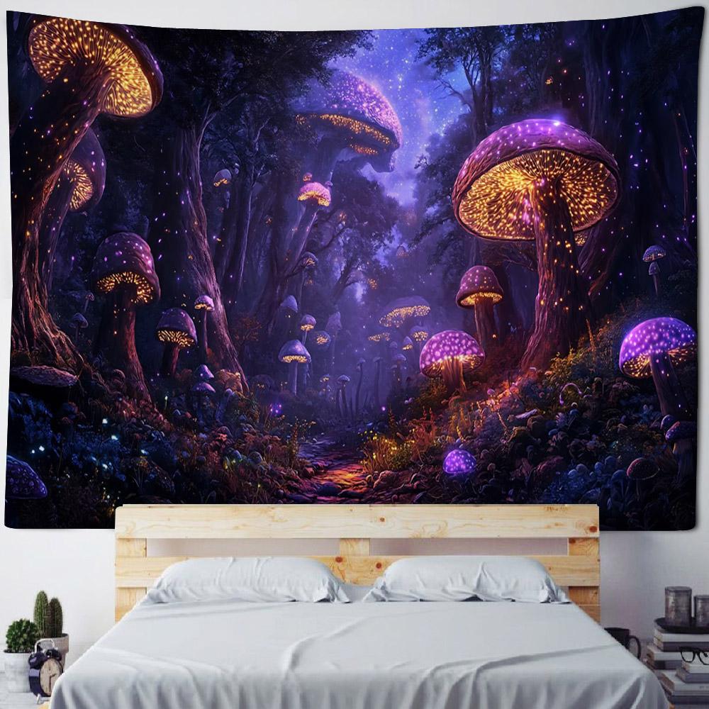 Psychedelic Mushroom Tapestry Fantasy Starry Forest Landscape Art Wall Hanging Mandala Boho Room Decor Yoga Mat Sheet