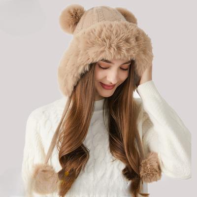 Strickmütze mit dickem Pelzkragen und gedrehtem Fellknäuel, Strickmütze für Damen, Winter-Outdoor-Wollmütze