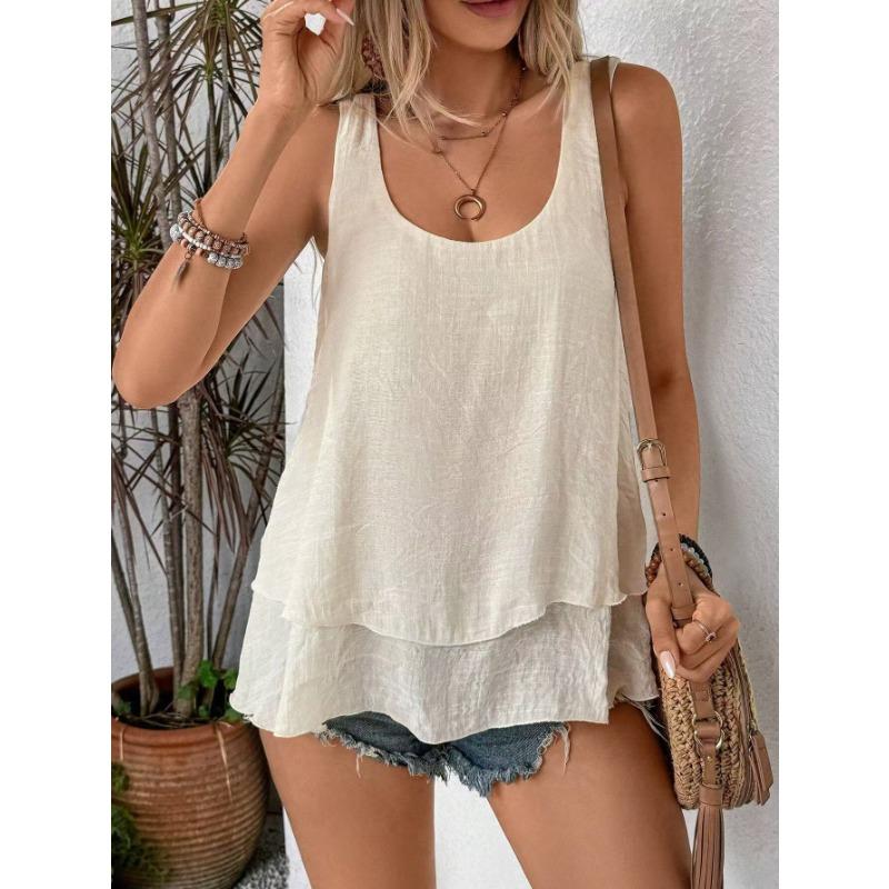 Two Double-layer Cotton and Linen Sleeveless Round-neck Casual Vests for Spring and Summer