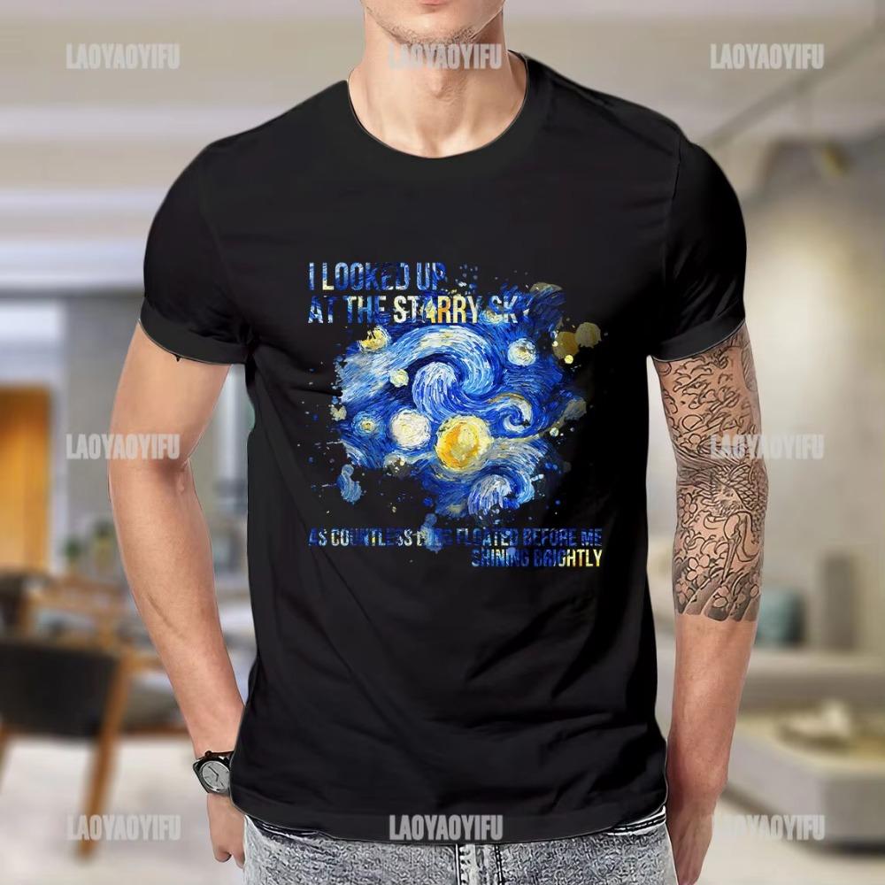 ClassicVintage Men T Shirt Vincent Van Gogh The Starry Night with Middle Earth Sauron Tower Printed Woman Tshirt Streetwear