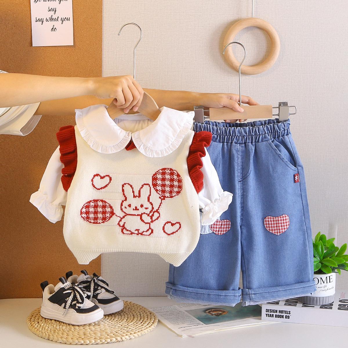 2026 Spring/Autumn Girls  Lace Knit Rabbit Vest & Big Lapel Shirt 3-Piece Set XXL грязно-белый