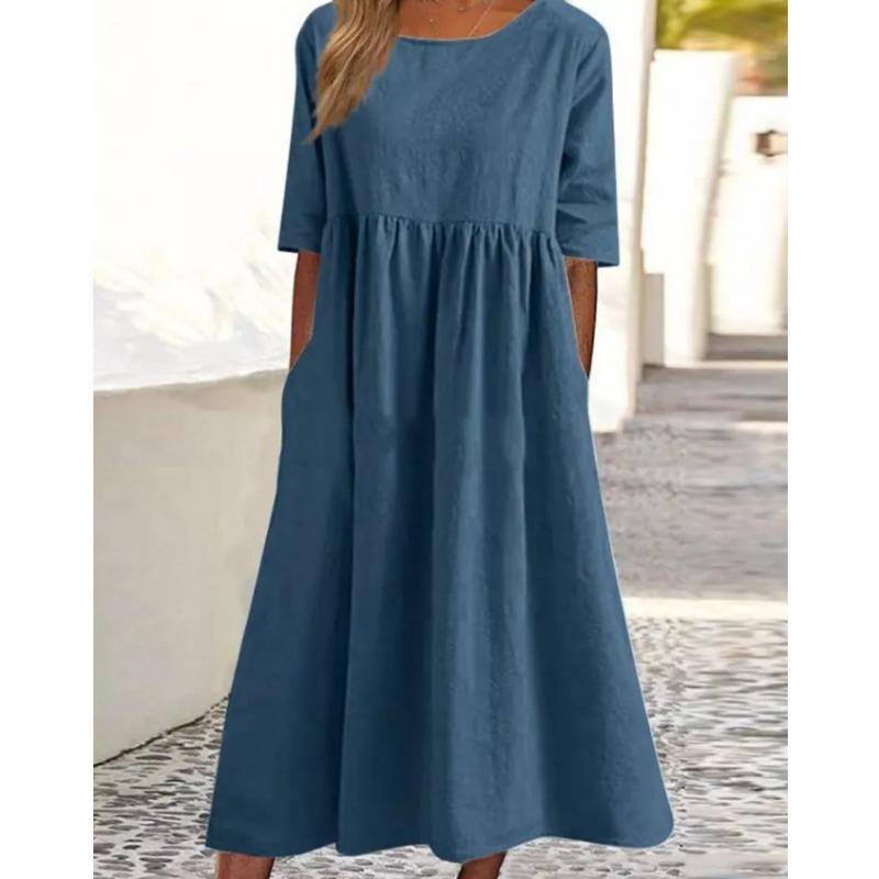 Summer Casual Short Sleeve Women Pocket Long Dress Fashion Elegant Plus Size Pleated Loose Crew Neck A-line Party Dresses Office Women Clothing