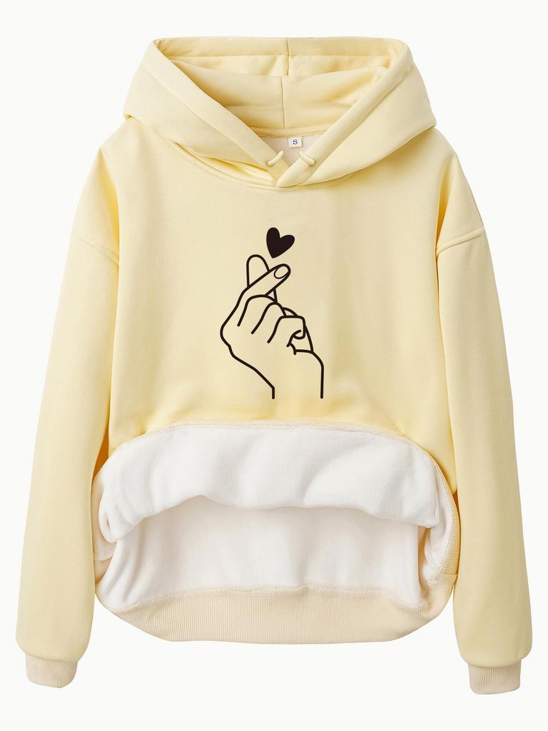European & American Women's Heart Print Fleece Lined Hooded Sweatshirt with Kangaroo Pocket - Autumn/Winter Long Sleeve Top