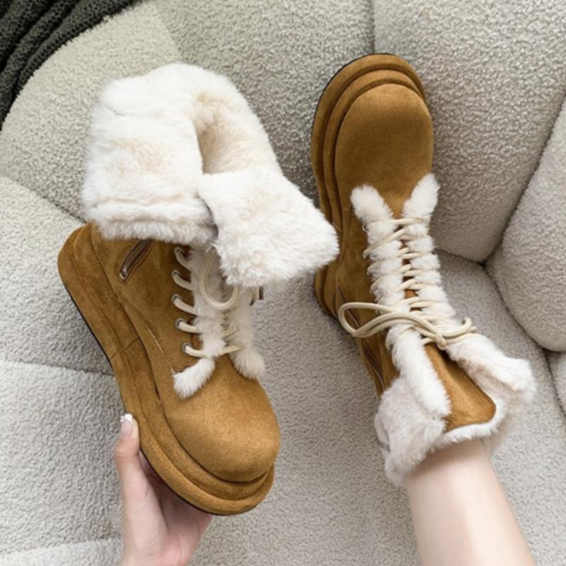 fashion Women Fur Flats Ankle Snow Boots Platform Suede Shoes Warm Plush Cotton Shoes Casual Sneakers 2025 Trend Sport Shoes Botas Mujer