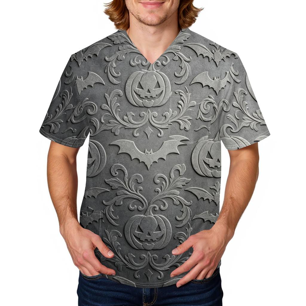 Men's Halloween Print Medical Scrub Top V Neck Pocket Comfortable Fit Daily Workwear for Healthcare Professionals