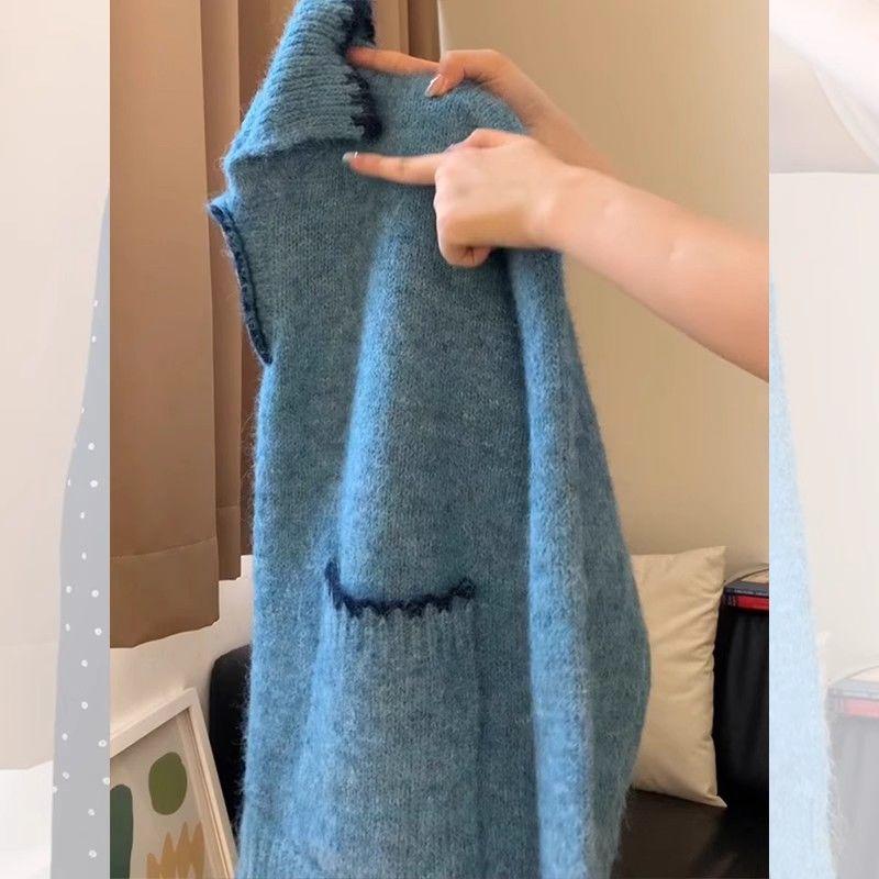 Retro Pullover mit minimalistischem süßem Farbblockspitzen-POLO-Kragen, lässig, vielseitig, Strickware