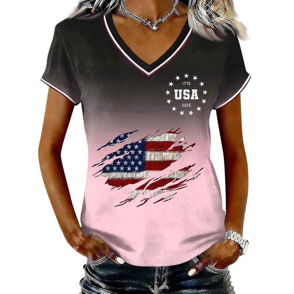 T-shirt Pull Col V Manches Courtes Décontracté pour Femme Imprimé Patriotique Dégradé Haut Jour de l'Indépendance T-shirt Graphique Drapeau USA