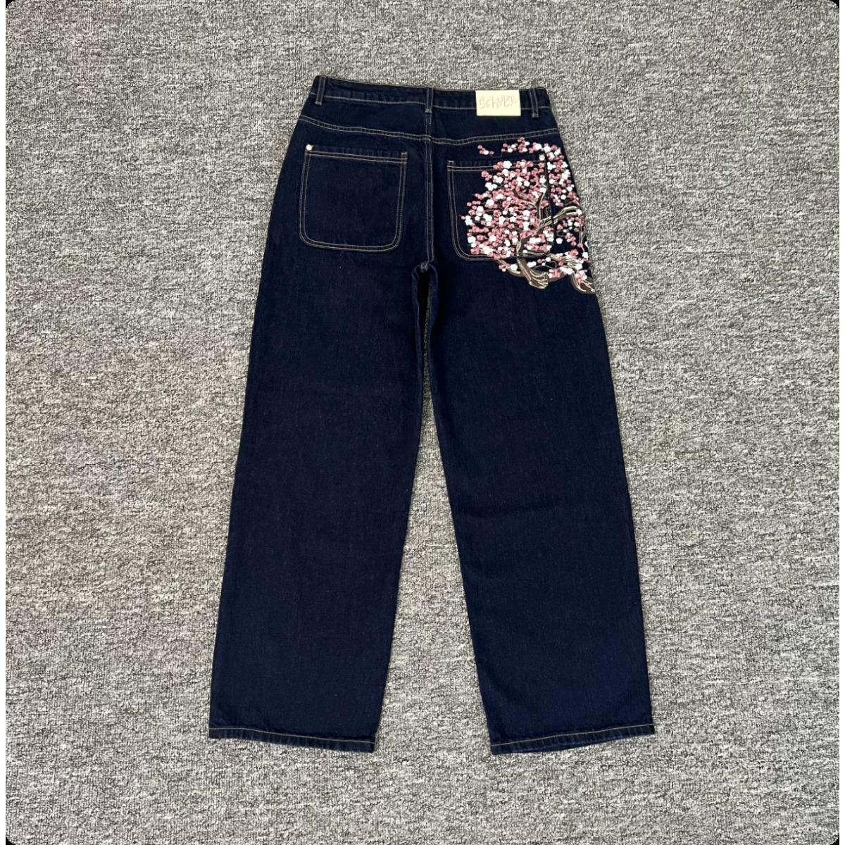 

ZYLLO American Retro Harajuku Floral Embroidery Baggy Jeans Men High Street Trendy Streetwear Y2K Casual Straight Pants L