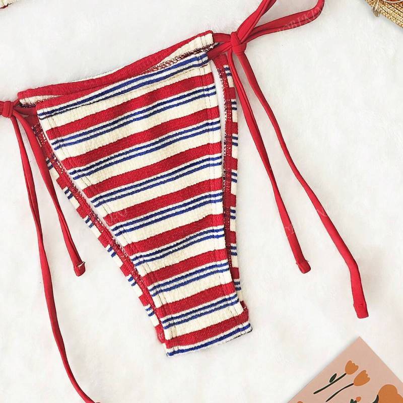 Polyester Striped Low Waist Bikini Set With Ties For Water Sports Women