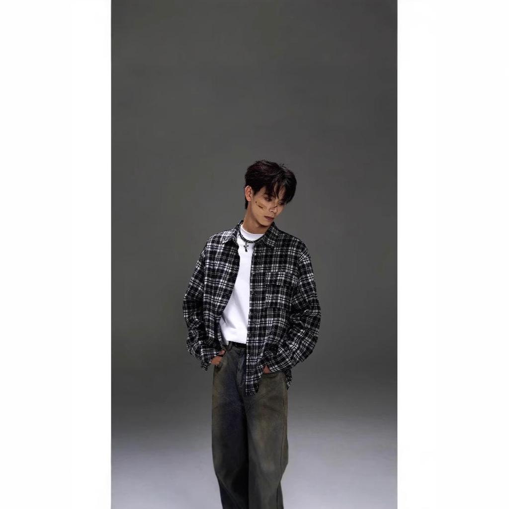 Men's Retro Black & White Checkered Long Sleeve Shirt Jacket - Casual Spring/Autumn Wear