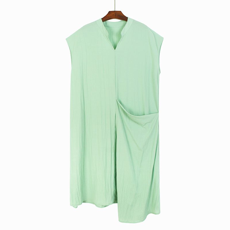 

Small V-neck Sleeveless Pure Color Dress Female Summer New Faux Pocket Loose Slim Looking Fashion Plus Size Mid Length Long Length Skirt Green All yards