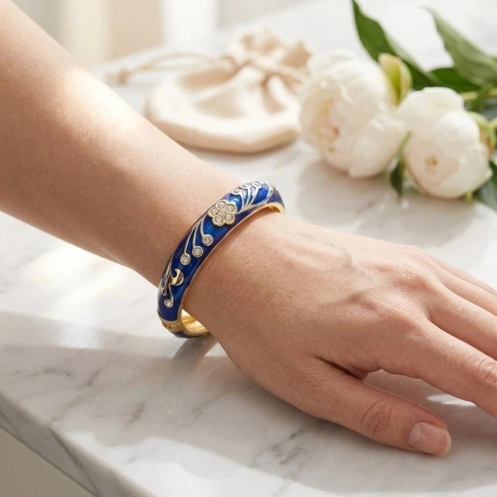 Enamel Floral Flower Crystal Bangle 5 Petals Women's Hand Bracelet Vintage Cloisonne Bangle Ladies