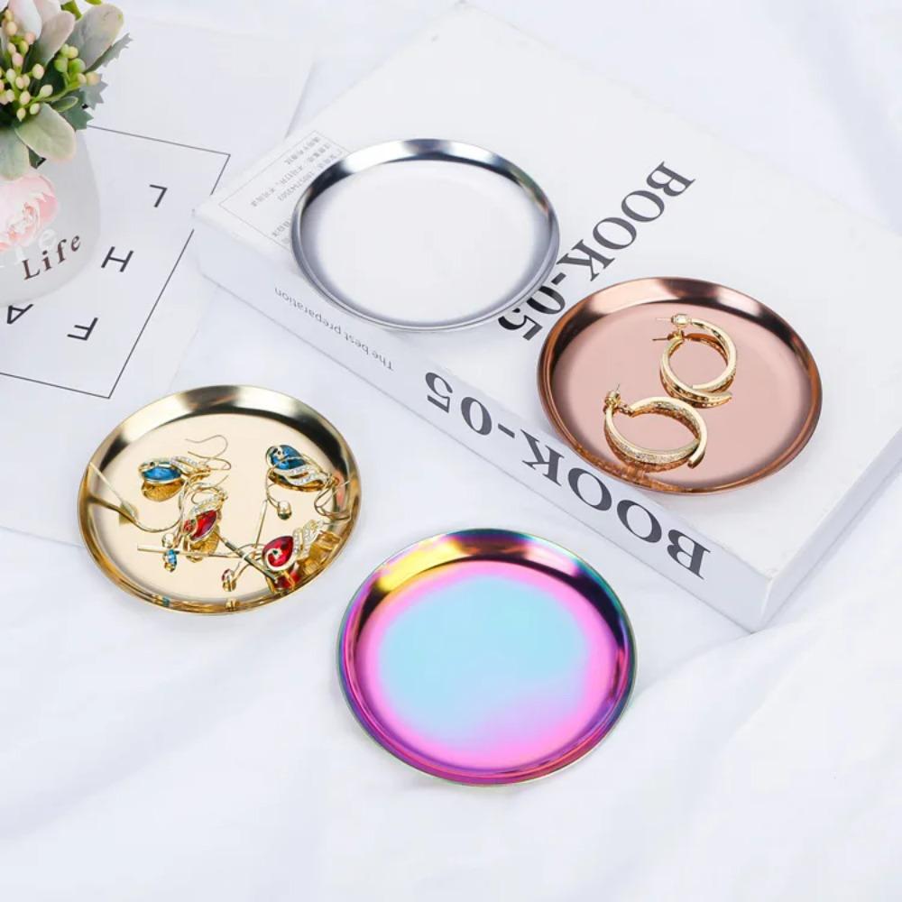 

Ins Stainless Steel Round Storage Tray Desktop Cosmetics Metal Tray Photo Ornament Jewelry Storage Tray серебряный