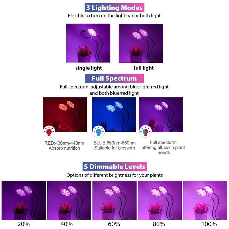 DC5V 2/3/4 Head Timing Full Spectrum Phyto Lamp Fruit Vegetable Grow Light USB Clip LED RedBlue Indoor Plant Grow Light