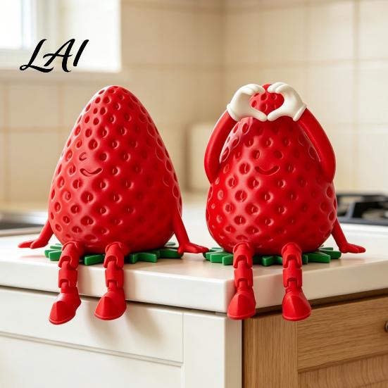 Anthropomorphic Fruit Desk Decor 3D Printed Articulated Strawberry Storage Box Cute Figurine with Small Jewelry Organizer for Earrings Movable Limbs,