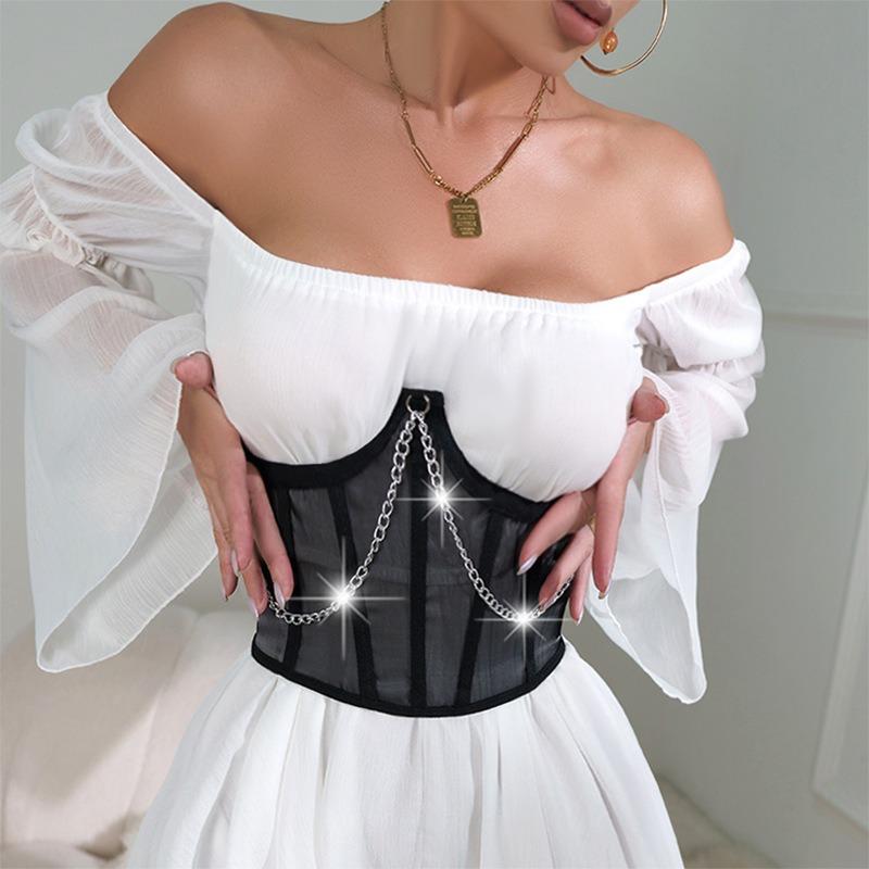Damen Sexy Netz Patchwork Mit Stäben Stahlring Kette Taillenformer Korsett Bustier