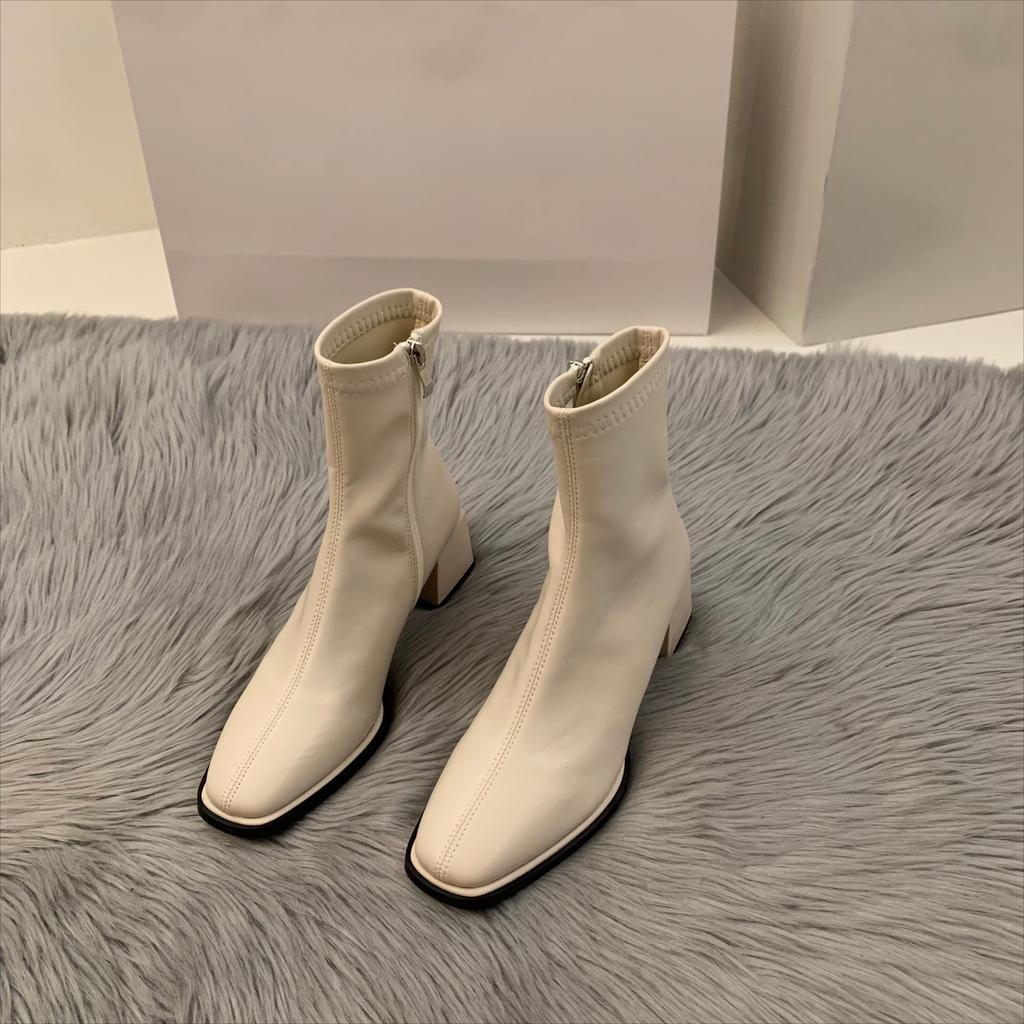 Autumn Winter Design Heel Ankle Boot Fashion Square Toe Zipper Ladies Casual Chelsea Boots Shoes Soft Leather Short Boot