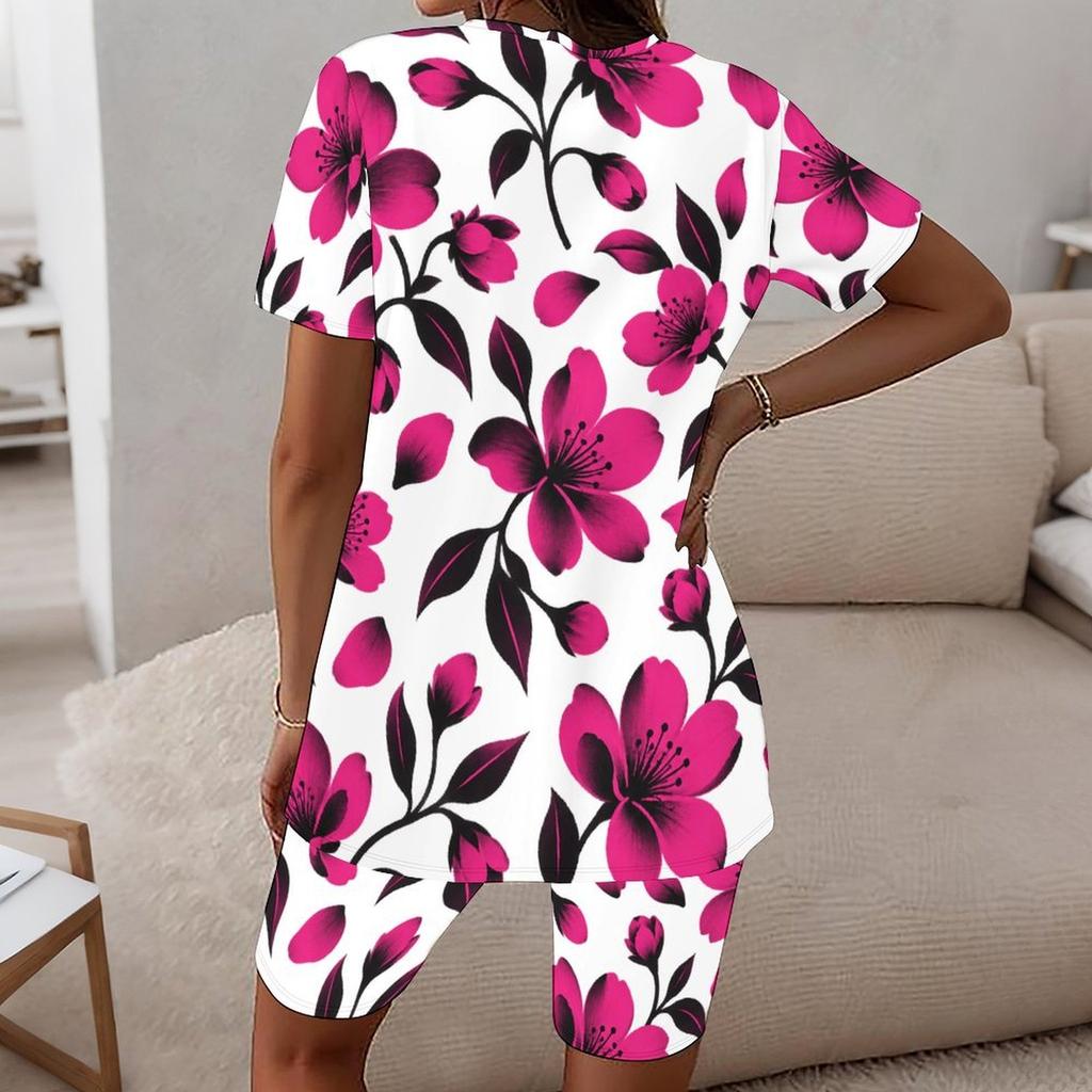 Women Plus Size Floral Printed Round Neck Short Sleeve Longline Top Fitted Shorts Two Piece Set