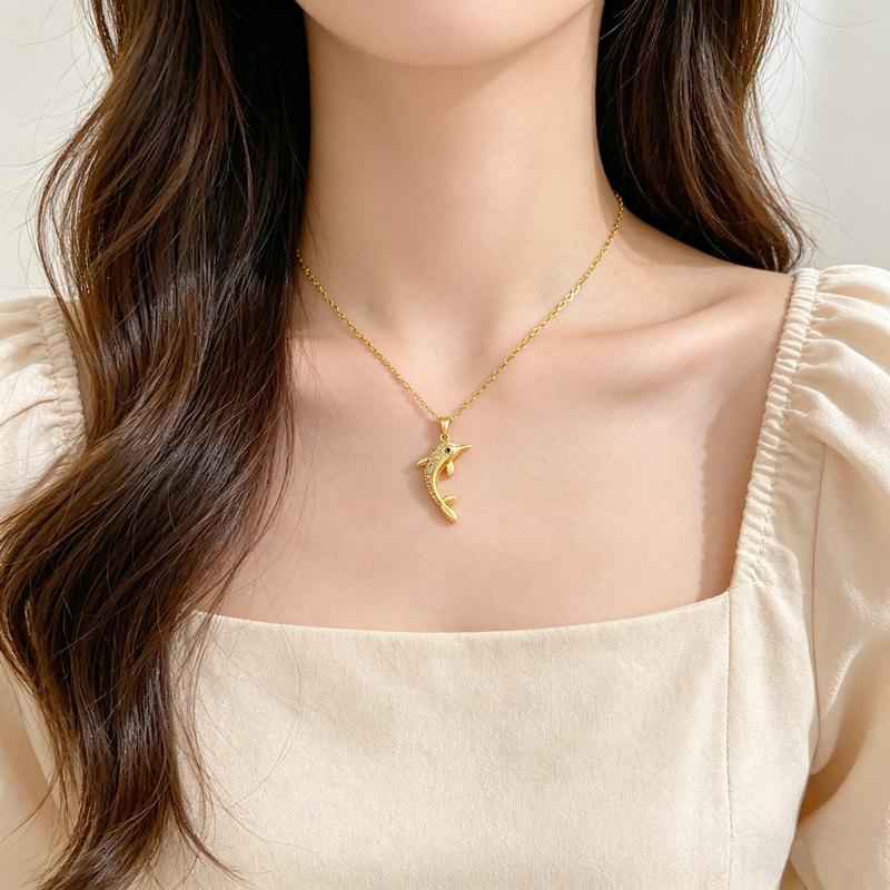 Stainless Steel Chain Necklace Cute Zircon Dolphin Pendant Necklace for Women Girls Gold Color Animal Jewelry Gifts for Lover