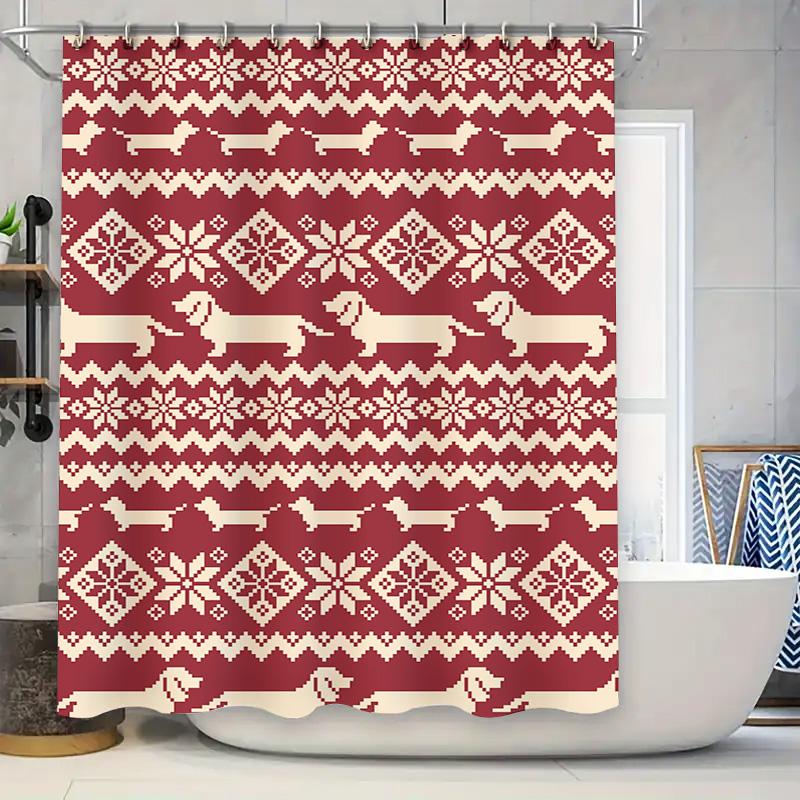 

Red and White Christmas Pattern Dachshund Shower Curtain Set Festive Bath Decor with Snowflakes for Home Decoration in Bathrooms 90x180cm