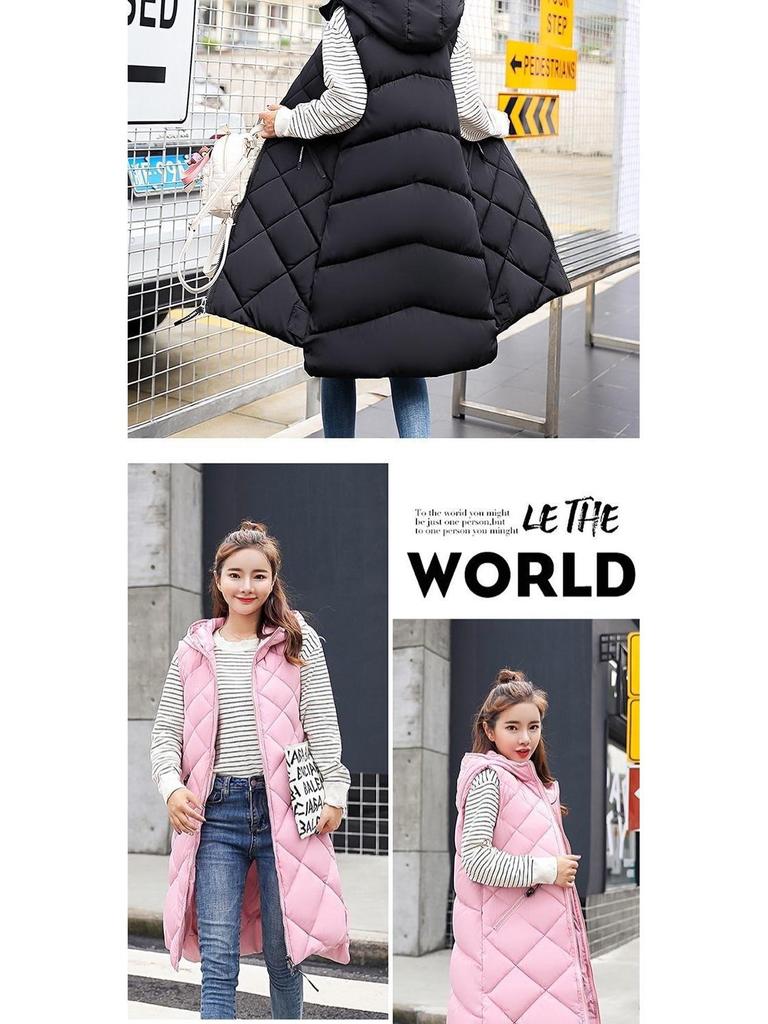 Hooded Women's Sleeveless Down Cotton Waistcoat - Mid-Length and Warm