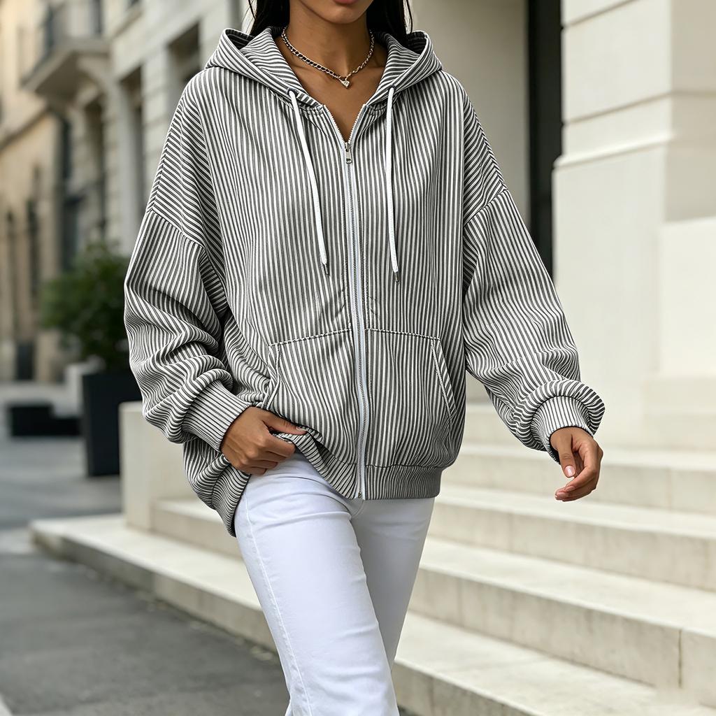 Women's Casual, Loose-Fitting, Striped, -Lined, Hooded Cardigan with Zipper