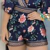 Deep V-Neck Lantern Half Sleeve Mid-Rise Women Jumpsuit Flower Printing Retro Trim Short Pants Romper Female Clothing
