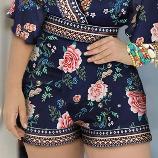 Deep V-Neck Lantern Half Sleeve Mid-Rise Women Jumpsuit Flower Printing Retro Trim Short Pants Romper Female Clothing