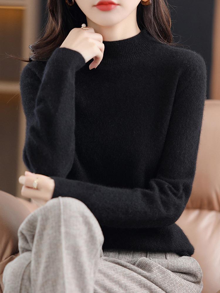 Women's Slim-Fit Autumn Sweater: Fashionable Half-High Neck, Versatile Pure Wool for Base Layer or Outerwear, Skin-Friendly